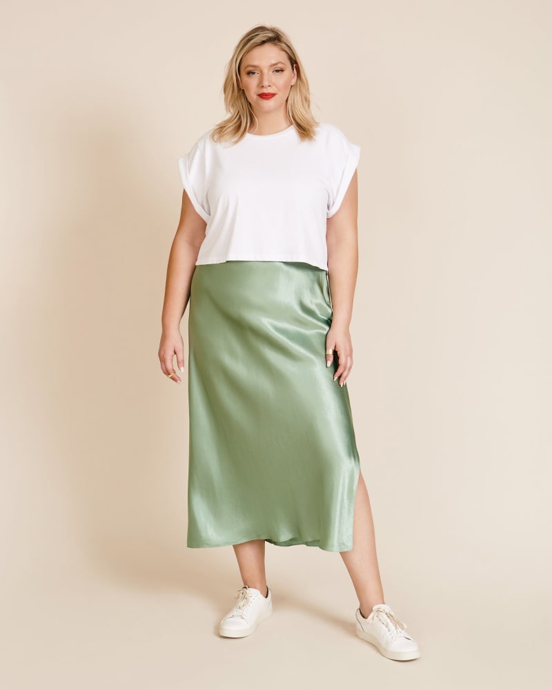 Front of a model wearing a size XXL Side Slit Slip Skirt in HEMLOCK by Vince. | dia_product_style_image_id:225986